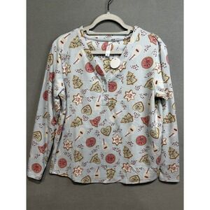 Womens Pajama Top Long‎ Sleeve Cookie Print V Neck Button Henley M